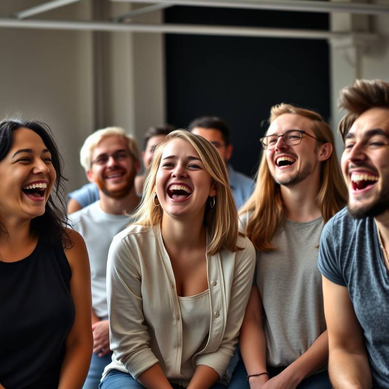 Een diverse groep mensen die een acteerles voor beginners volgen, lachen en oefenen een scène.