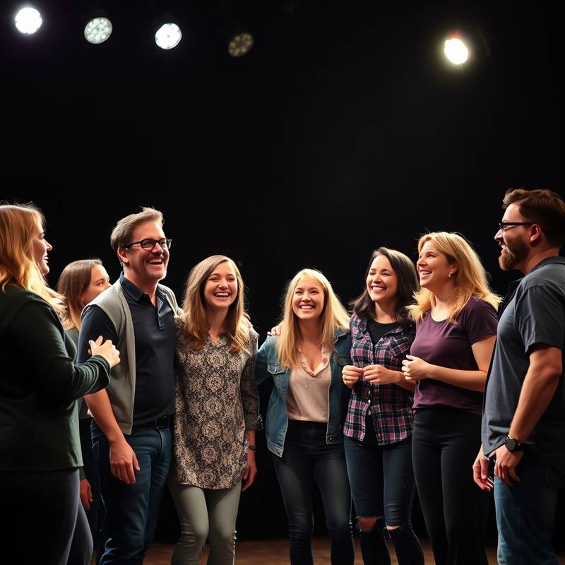 Een groep mensen die op het podium staat en aan het improviseren is. Ze hebben plezier en werken samen.