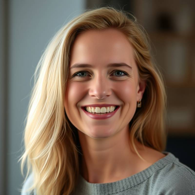 Portret van Anja de Ruiter, een enthousiaste actrice en docente met een warme glimlach.