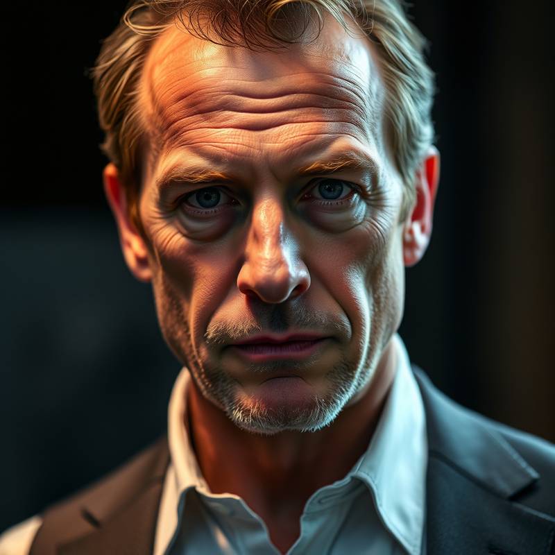 Portret van David van Dijk, een serieuze maar vriendelijke acteur en regisseur met een diepe blik.
