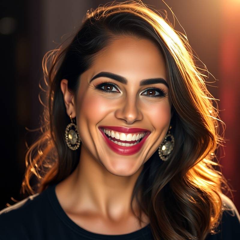 Portret van Yasmin El Amrani, een energieke en expressieve actrice en improvisatie-expert met een stralende lach.
